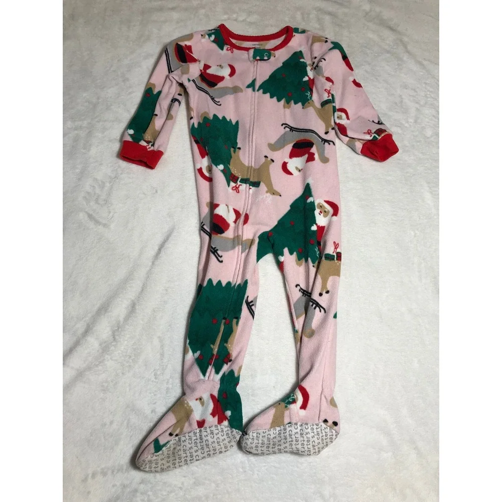 5/$25 Carter's Footed Pajamas 24m Pink Santa Reindeer Christmas Fleece Sleeper